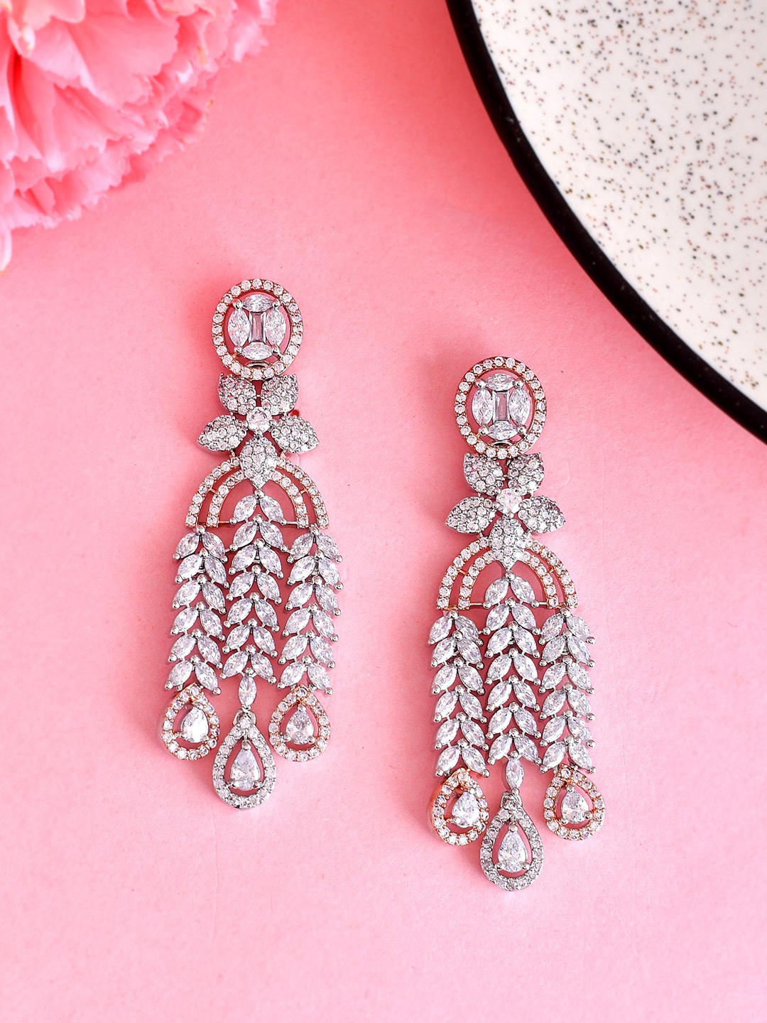 

Voylla Silver-Plated Contemporary Cubic Zirconia Studded Drop Earrings