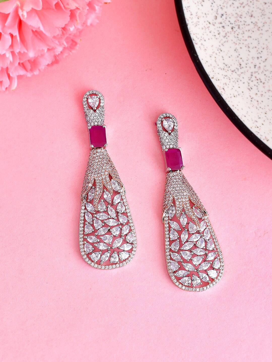 

Voylla Rose Gold Plated CZ Studded Drop Earrings