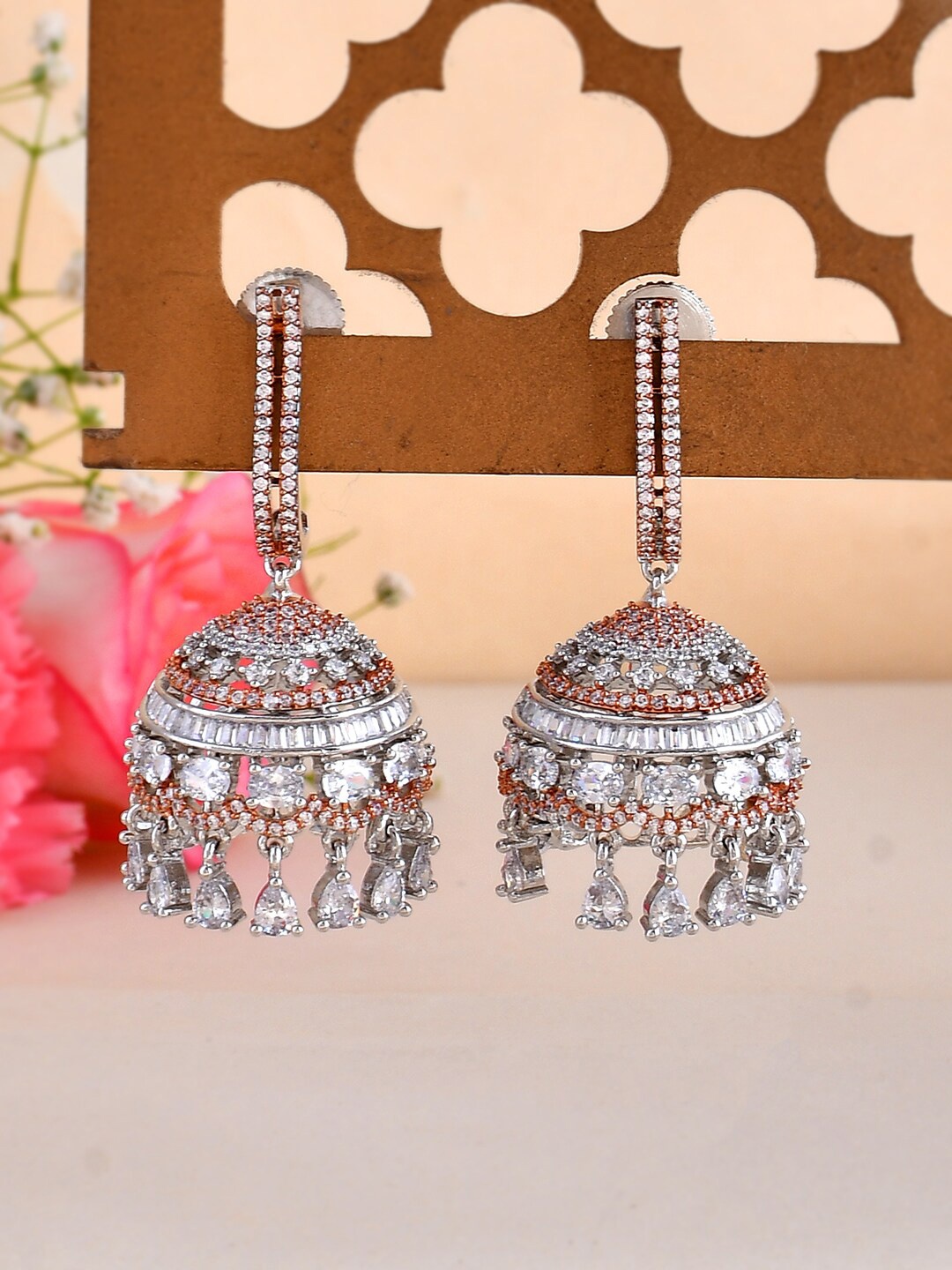 

Voylla Silver-Plated Cubic Zirconia Studded Jhumkas