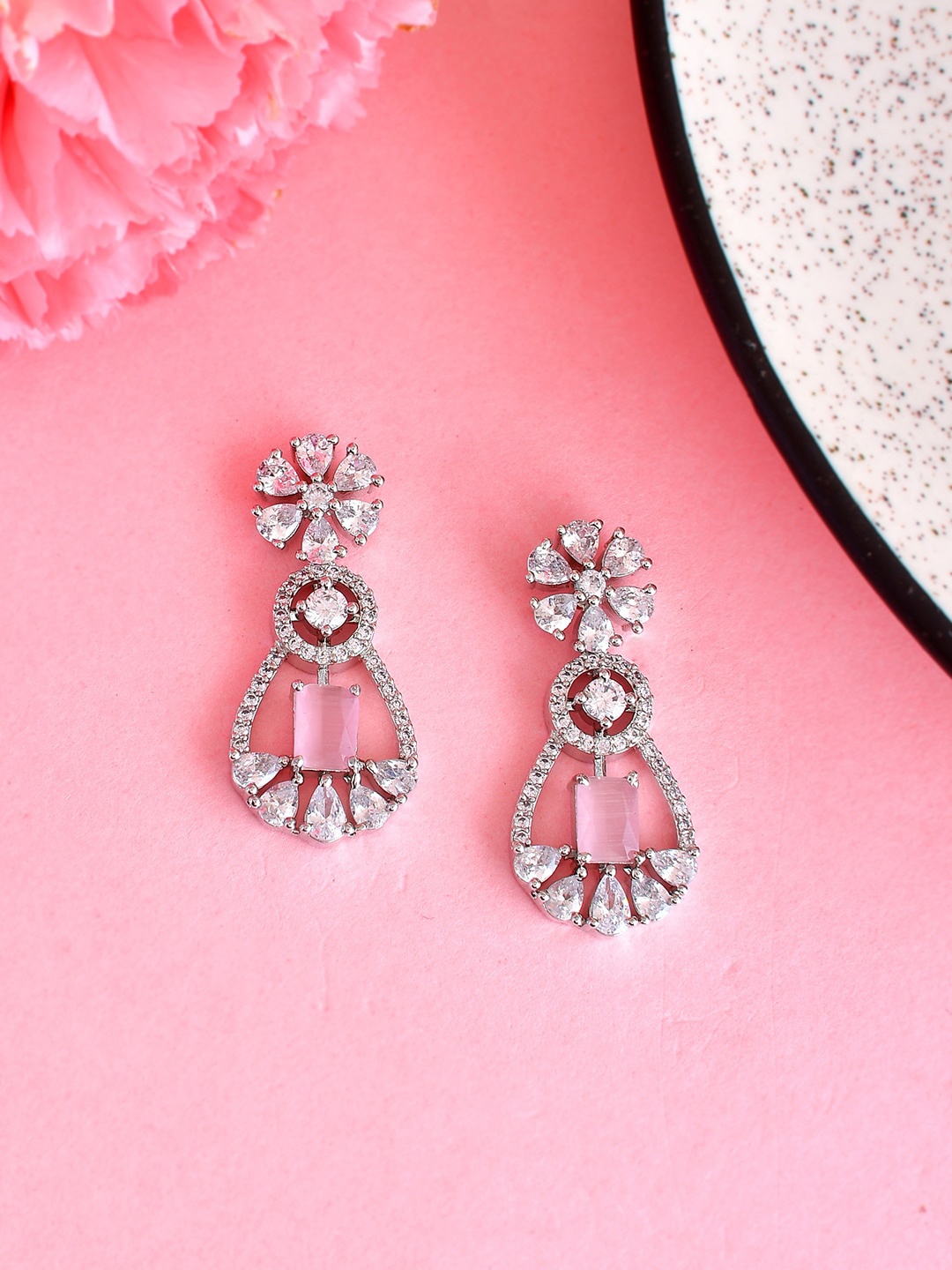 

Voylla Rhodium Plated CZ Studded Drop Earrings, Silver