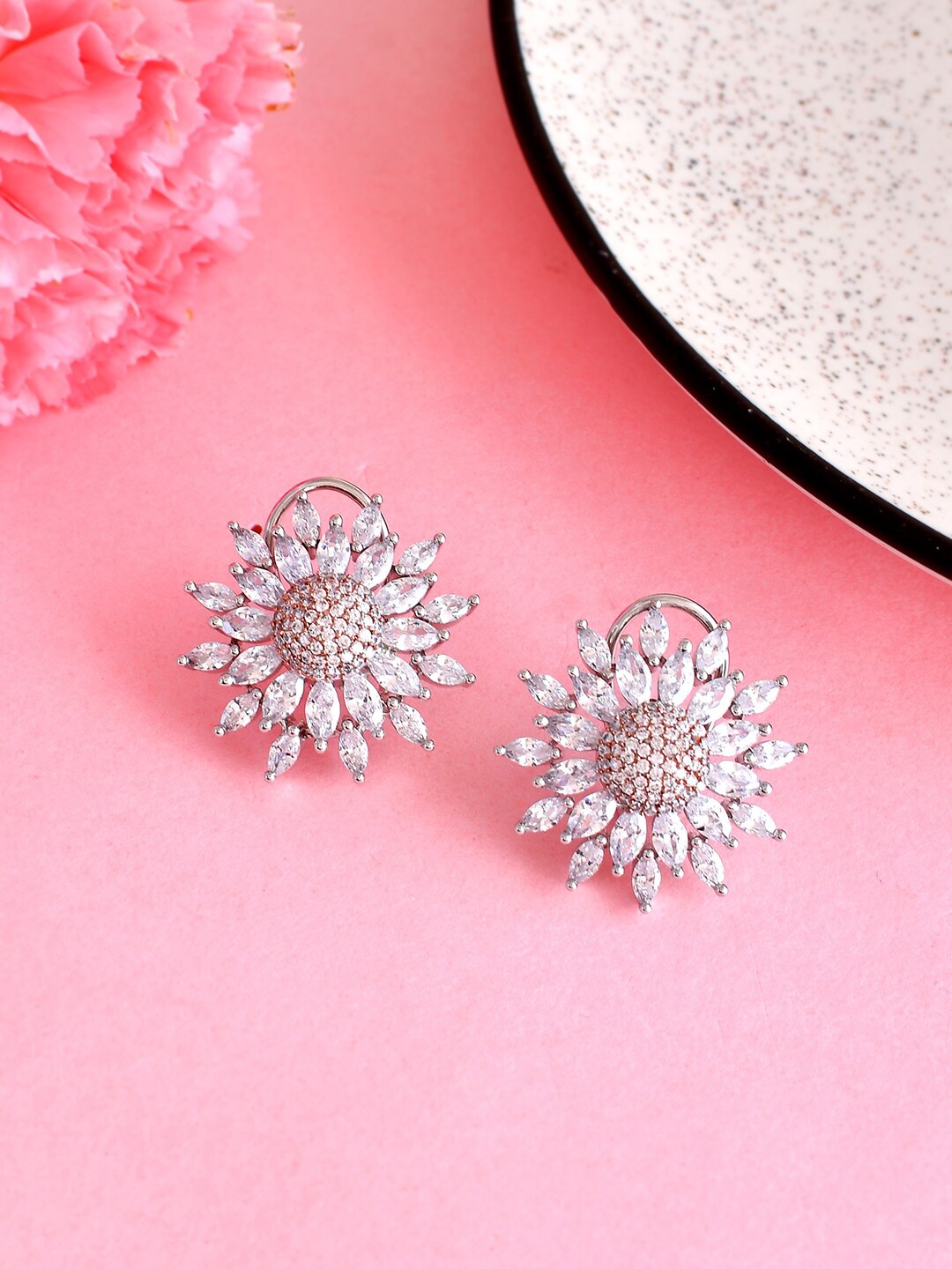 

Voylla Silver-Plated Floral Cubic Zirconia Studded Studs Earrings