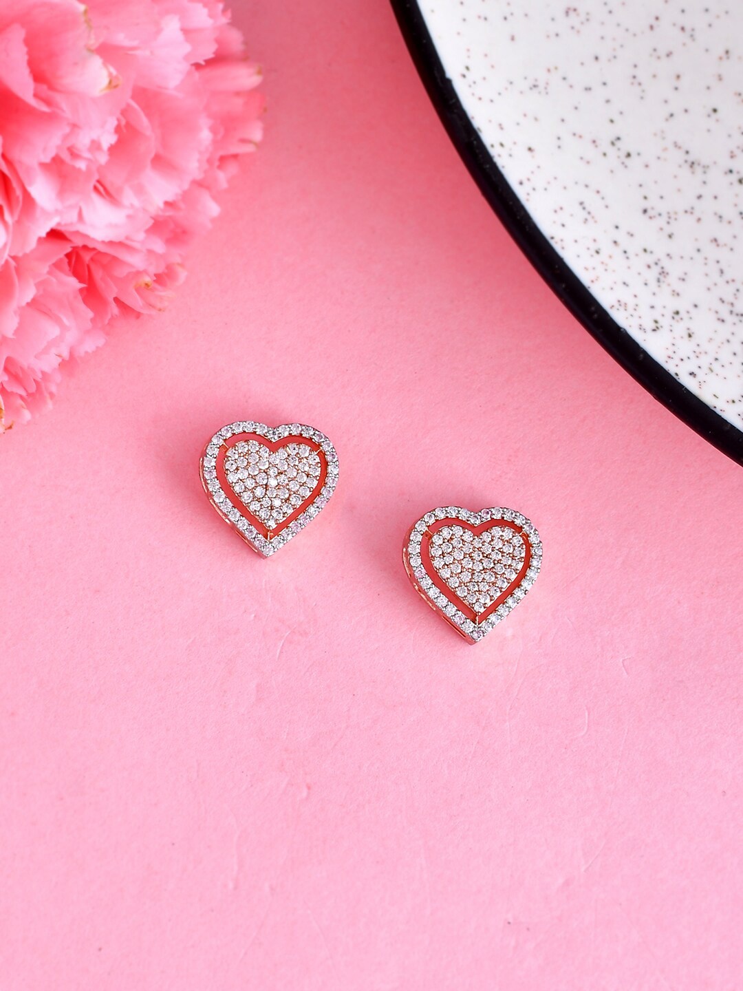 

Voylla Rose Gold-Plated Heart Shaped Cubic Zirconia Studded Studs Earrings