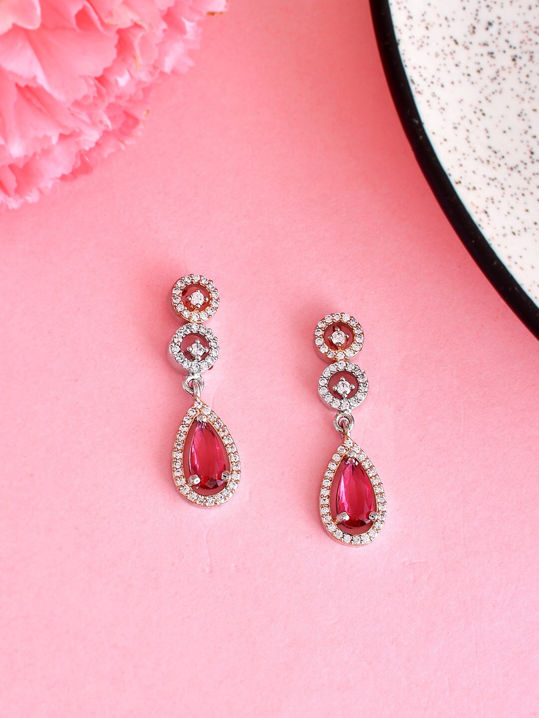 

Voylla Rose Gold Plated CZ Studded Teardrop Shaped Drop Earrings