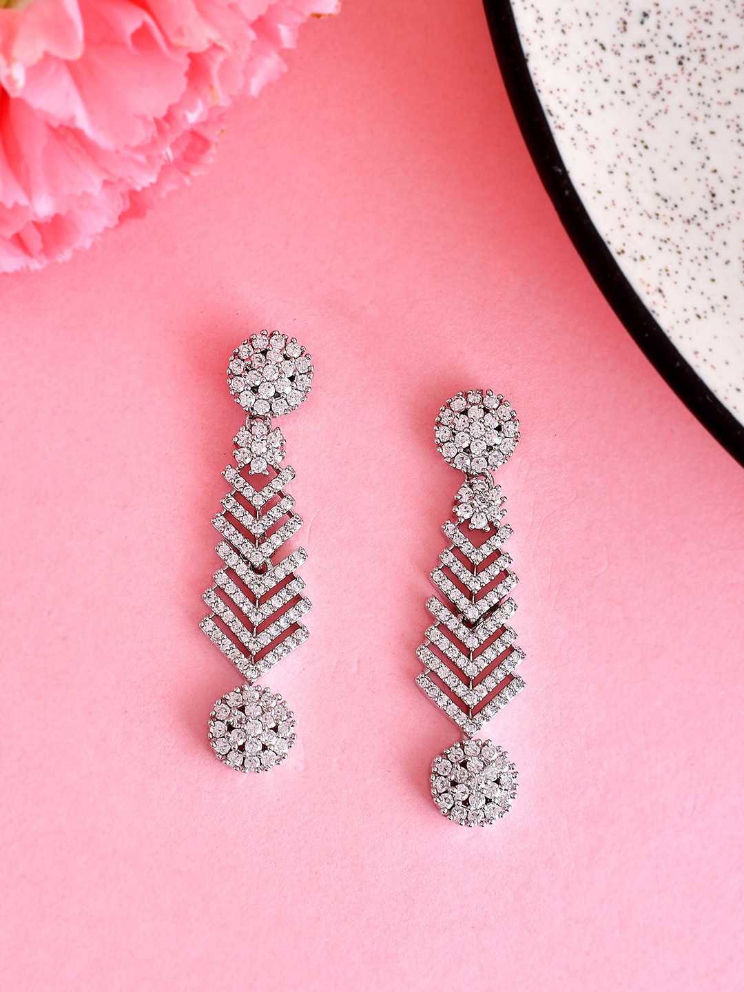 

Voylla Rhodium Plated CZ Studded Drop Earrings, Silver