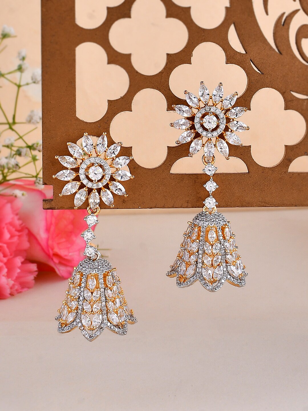 

Voylla Gold-Plated Contemporary Cubic Zirconia Studded Jhumkas