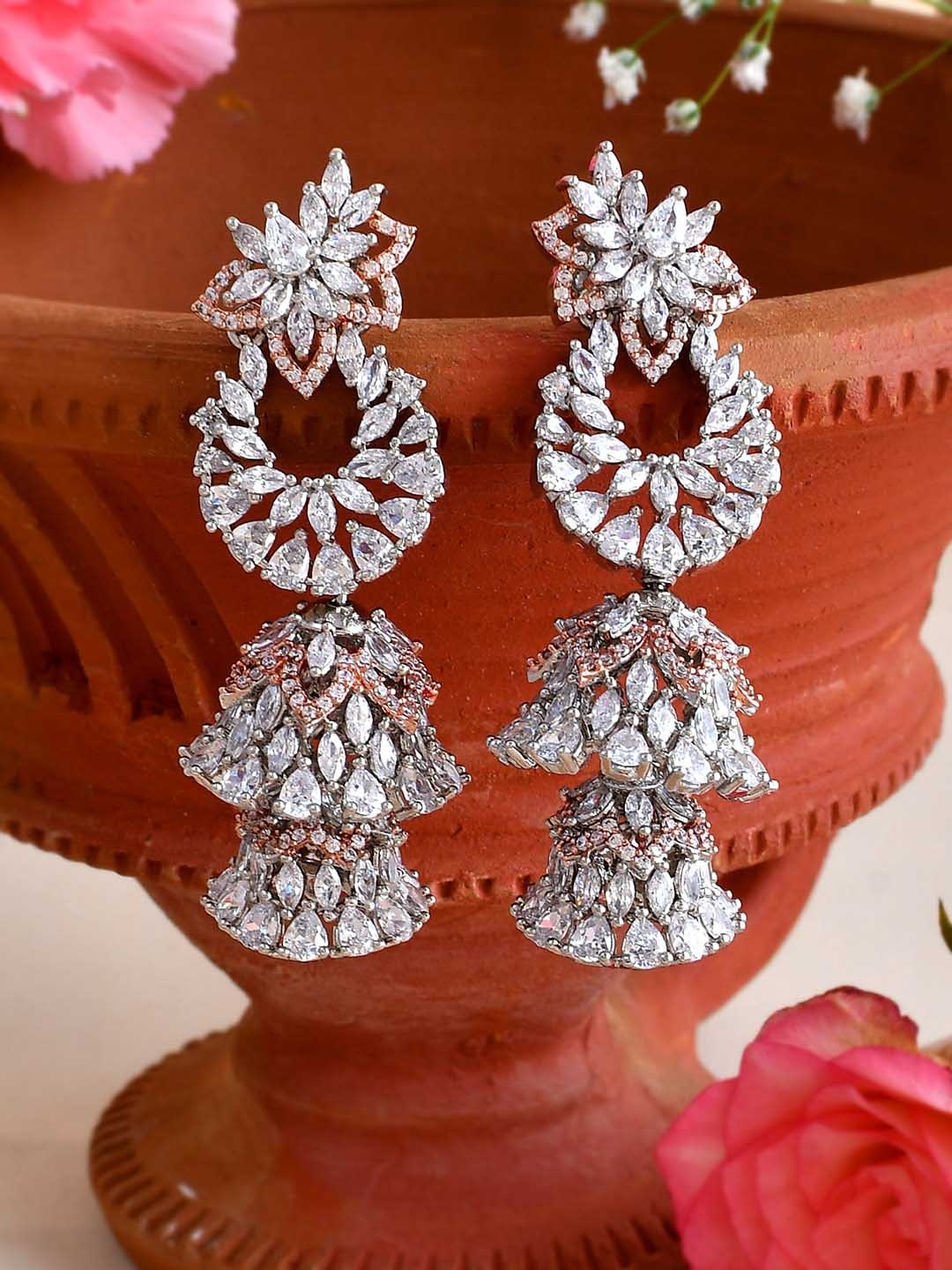 

Voylla Silver-Plated Cubic Zirconia Contemporary Drop Earrings