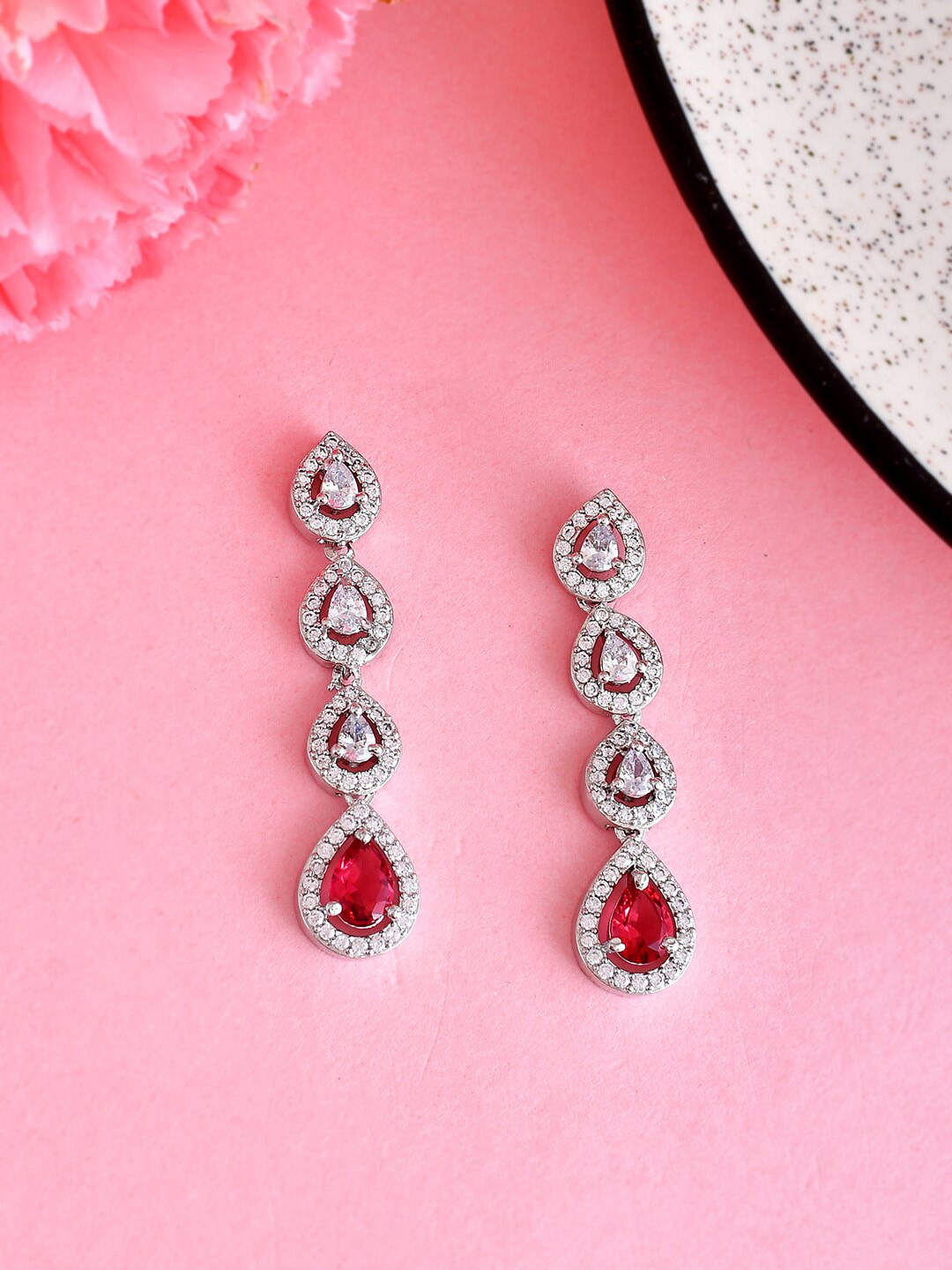 

Voylla Rhodium Plated Cubic Zirconia Studded Drop Earrings, Silver