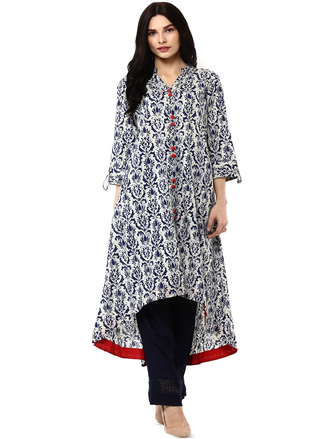 

Geroo Jaipur Ethnic Motifs Printed Mandarin Collar Roll-Up Sleeves A-Line Cotton Kurta, White