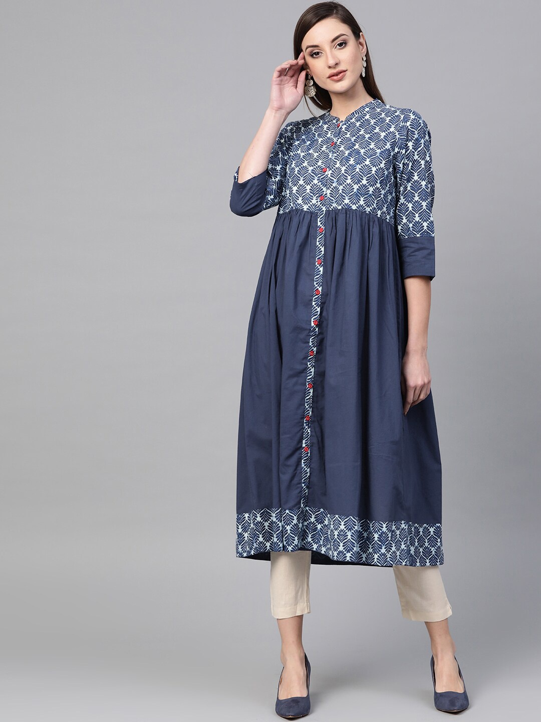 

Geroo Jaipur Ethnic Motifs Printed Mandarin Collar Pleated Cotton A-Line Kurta, Blue