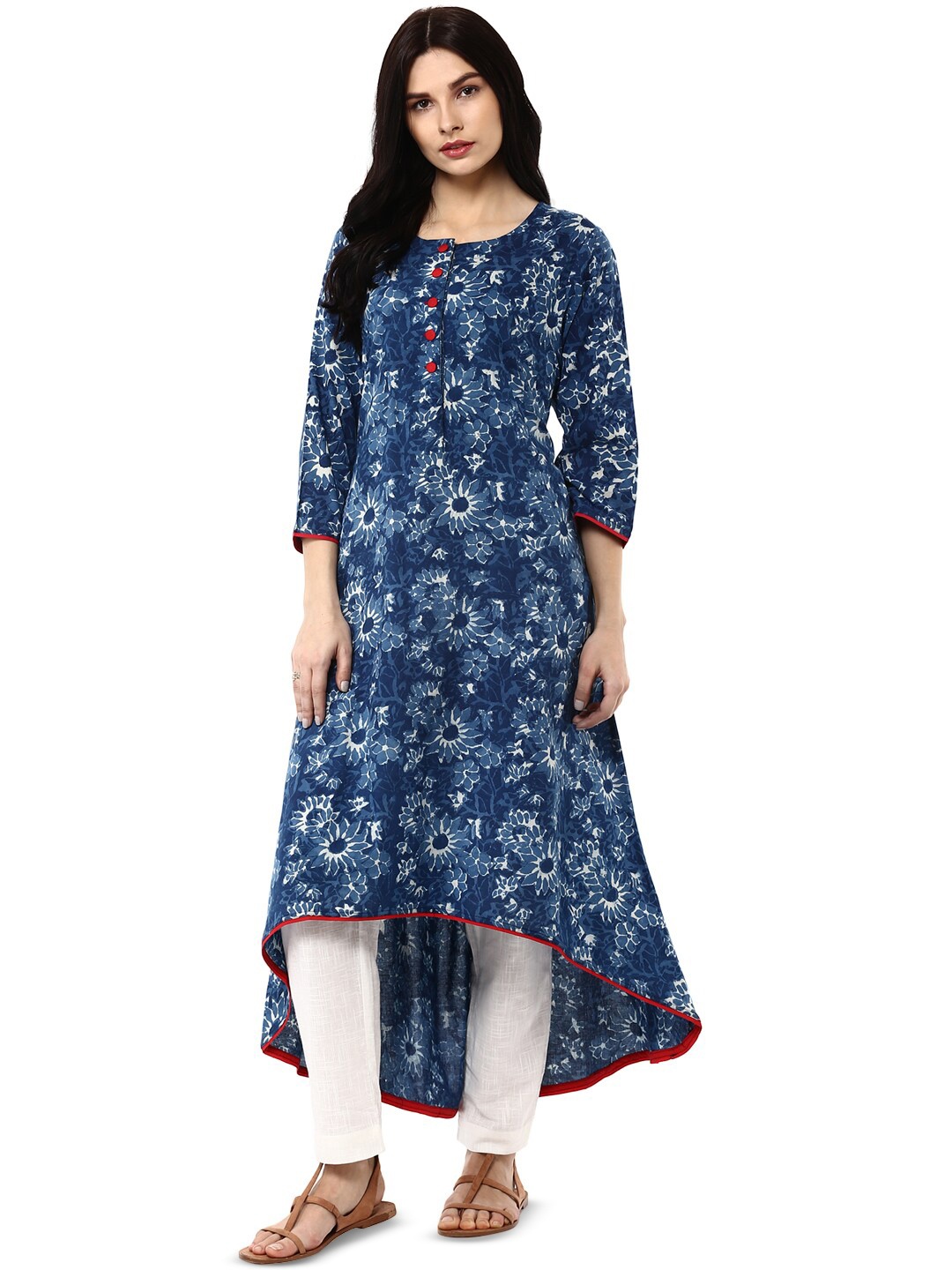 

Geroo Jaipur Floral Printed Cotton A-Line Kurta, Blue