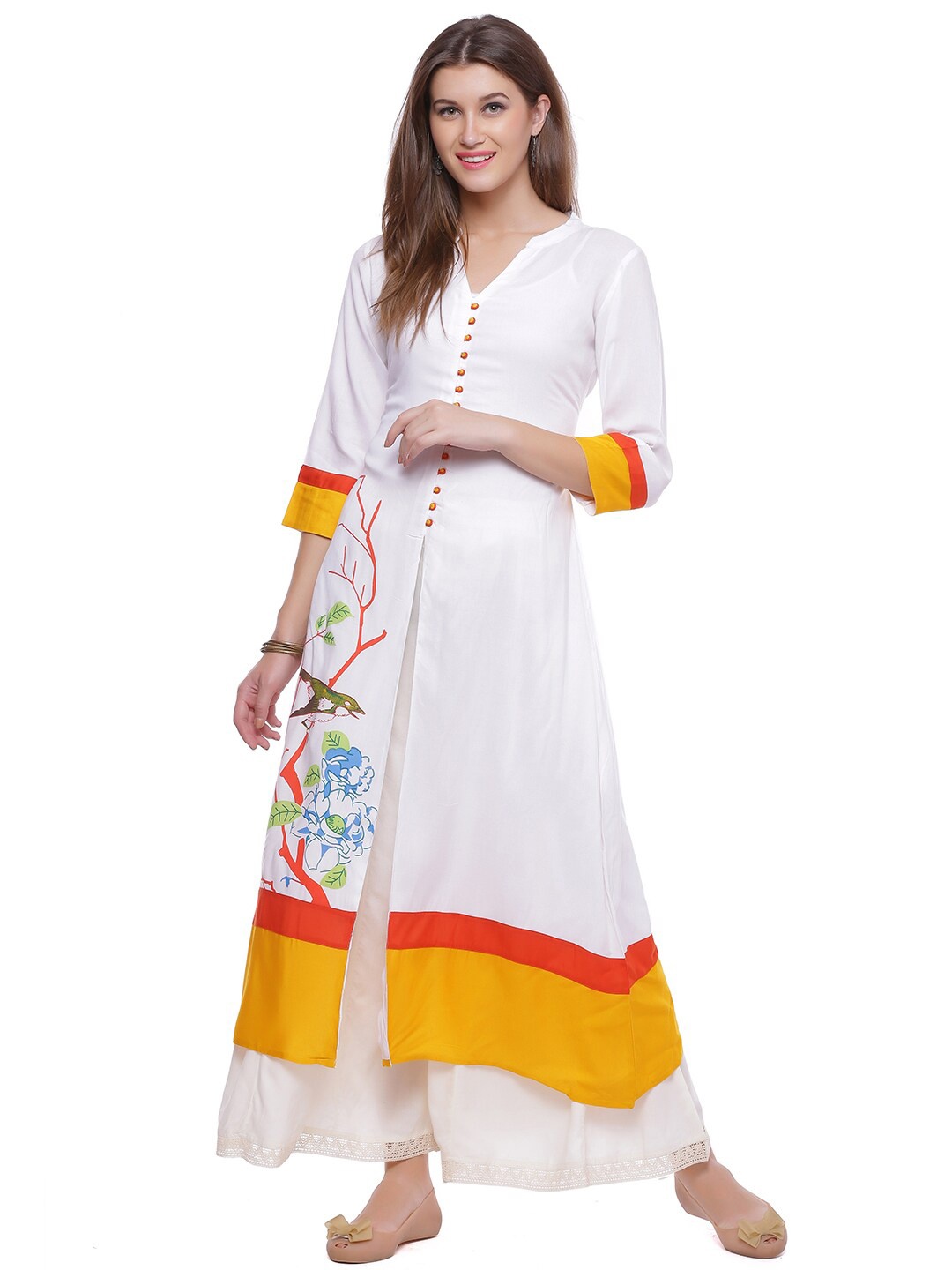 

Geroo Jaipur Floral Printed Mandarin Collar A-Line Kurta, White
