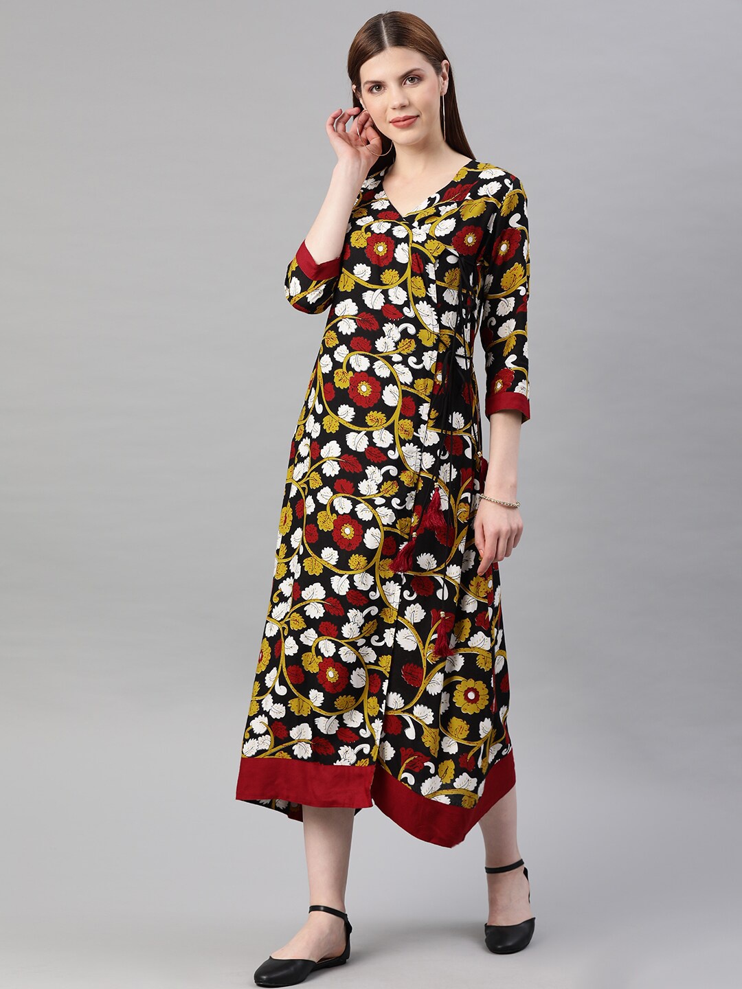 

Geroo Jaipur Floral Printed V-Neck Tie-Up Detail A-Line Midi Dress, Black