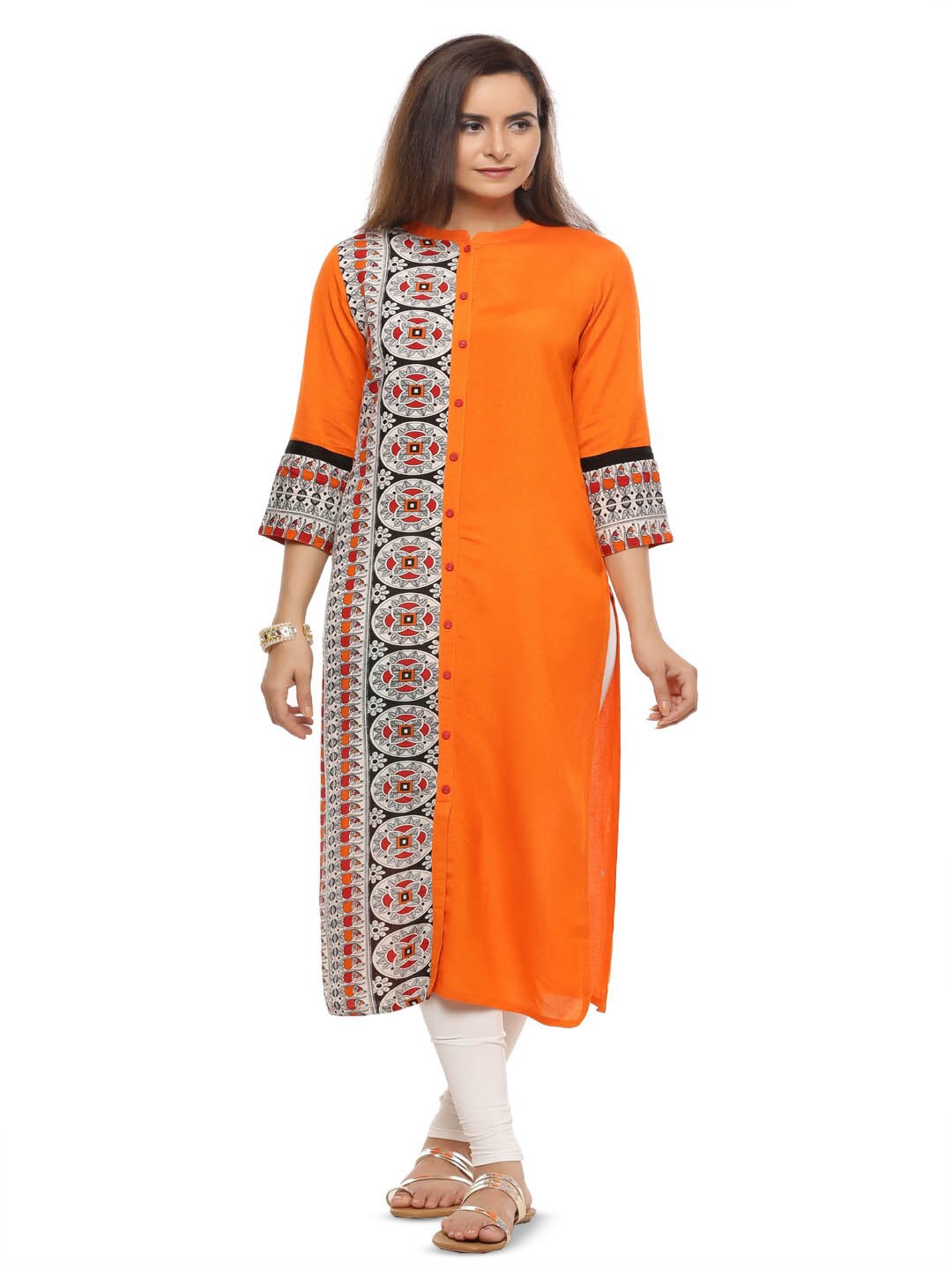 

Geroo Jaipur Ethnic Motifs Printed Mandarin Collar Straight Kurta, Orange