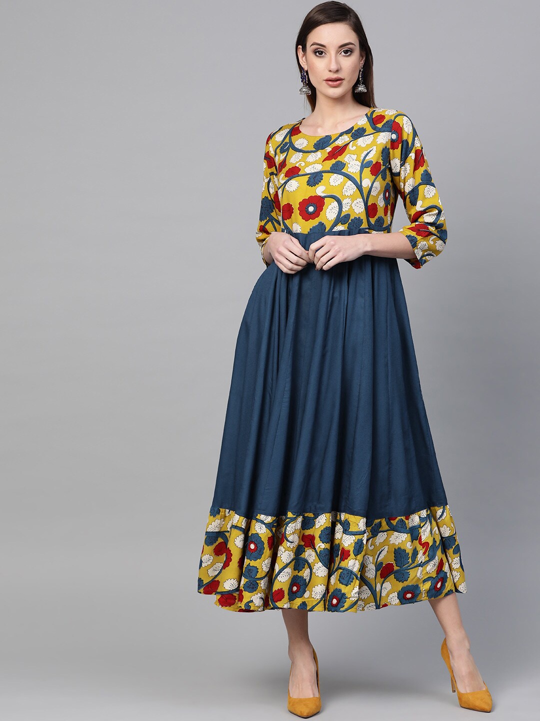 

Geroo Jaipur Floral Printed Gathered Fit & Flare Midi Dress, Blue