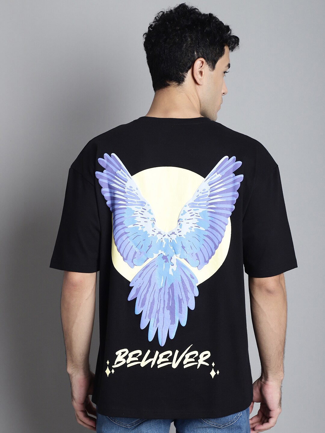 DOOR74 Graphic Printed Drop Shoulder Sleeves Cotton Oversized T-shirt, Black