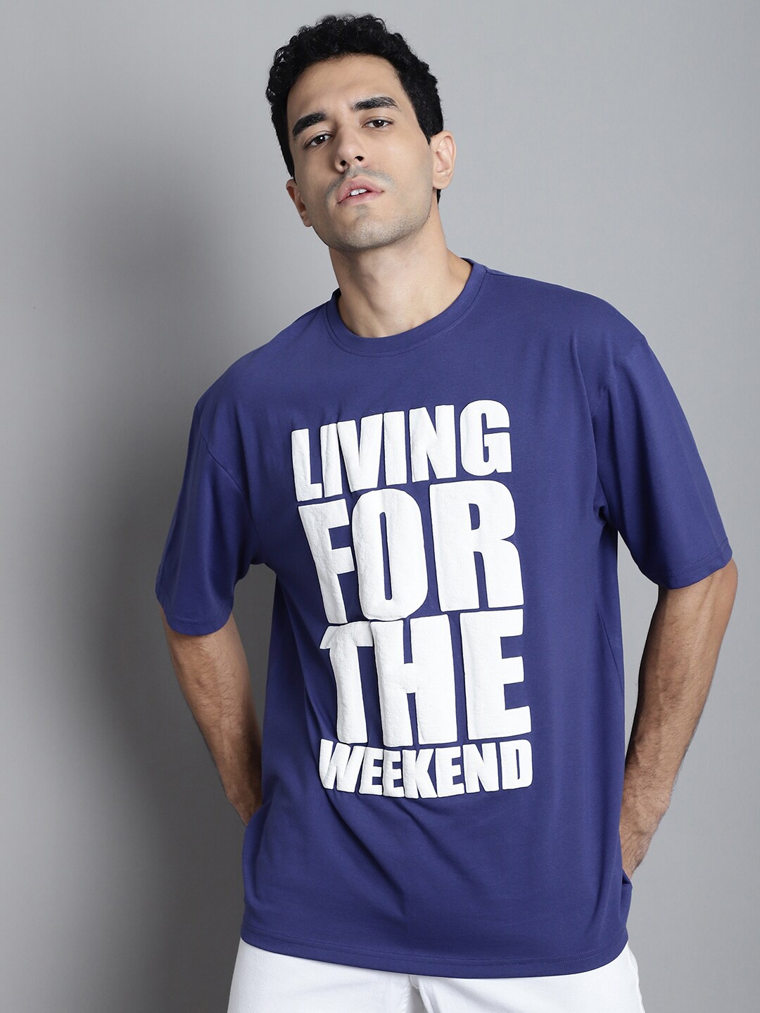 

DOOR74 Typography Printed Drop-Shoulder Sleeves Oversized Cotton T-shirt, Blue