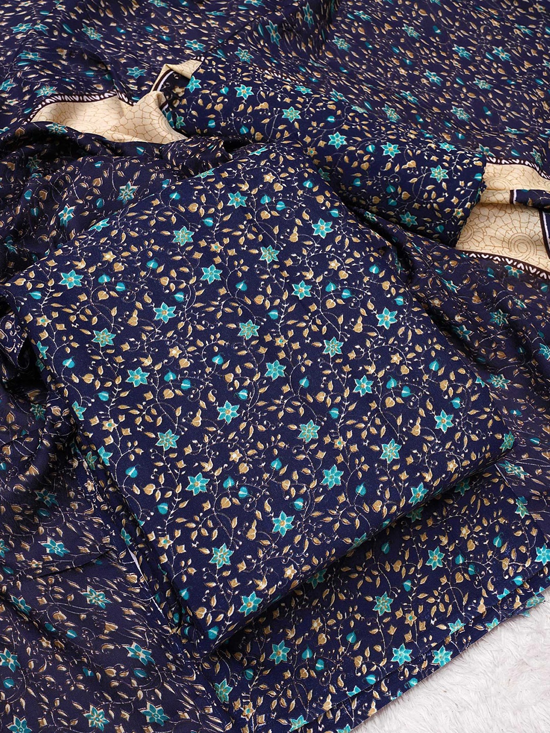 

KALINI Floral Printed Unstitched Dress Material, Blue