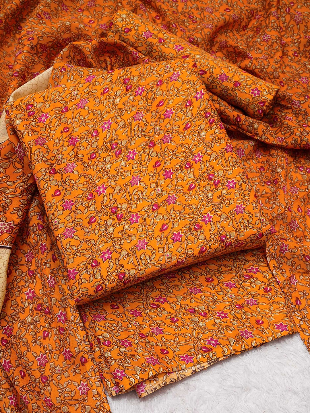 

KALINI Floral Printed Unstitched Dress Material, Orange