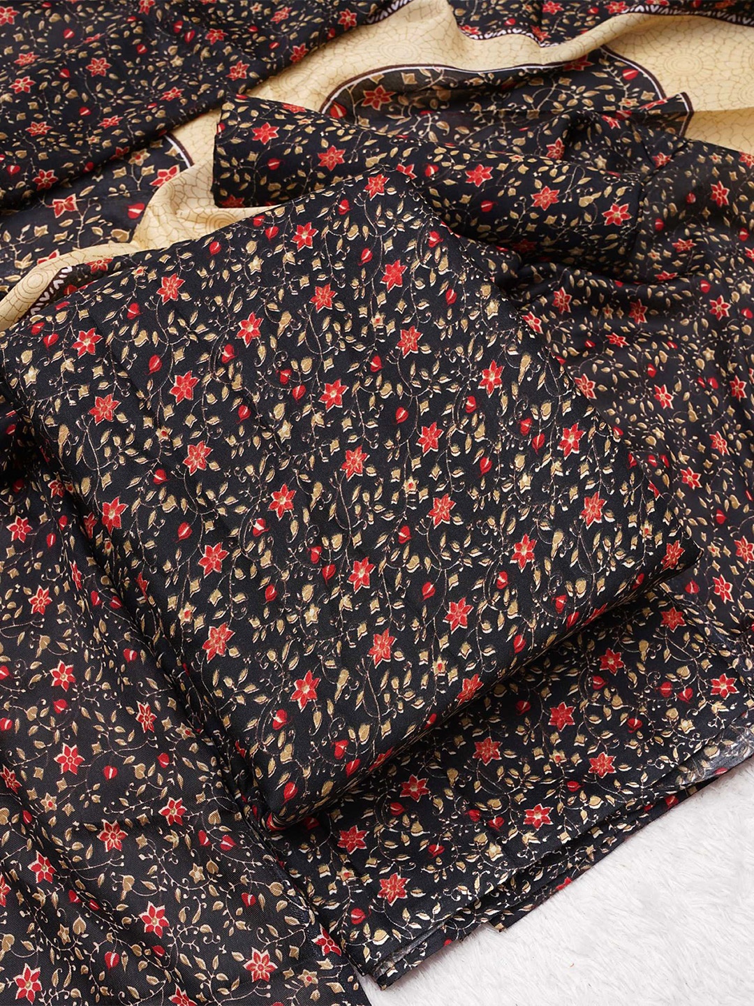 

KALINI Floral Printed Unstitched Dress Material, Black