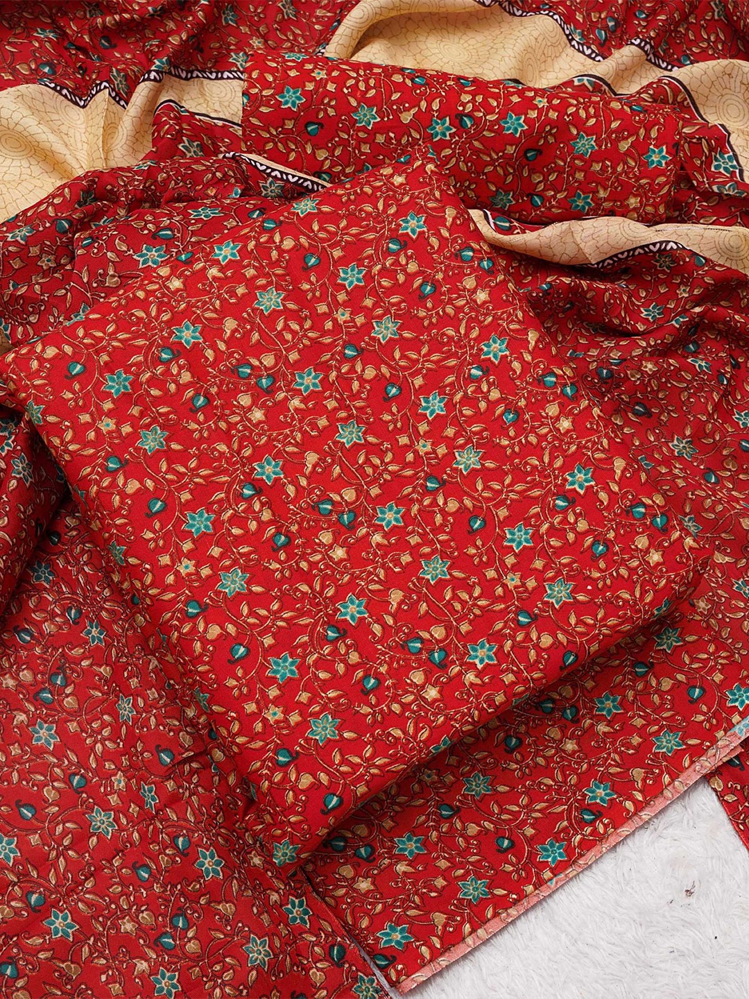 

KALINI Floral Printed Unstitched Dress Material, Red