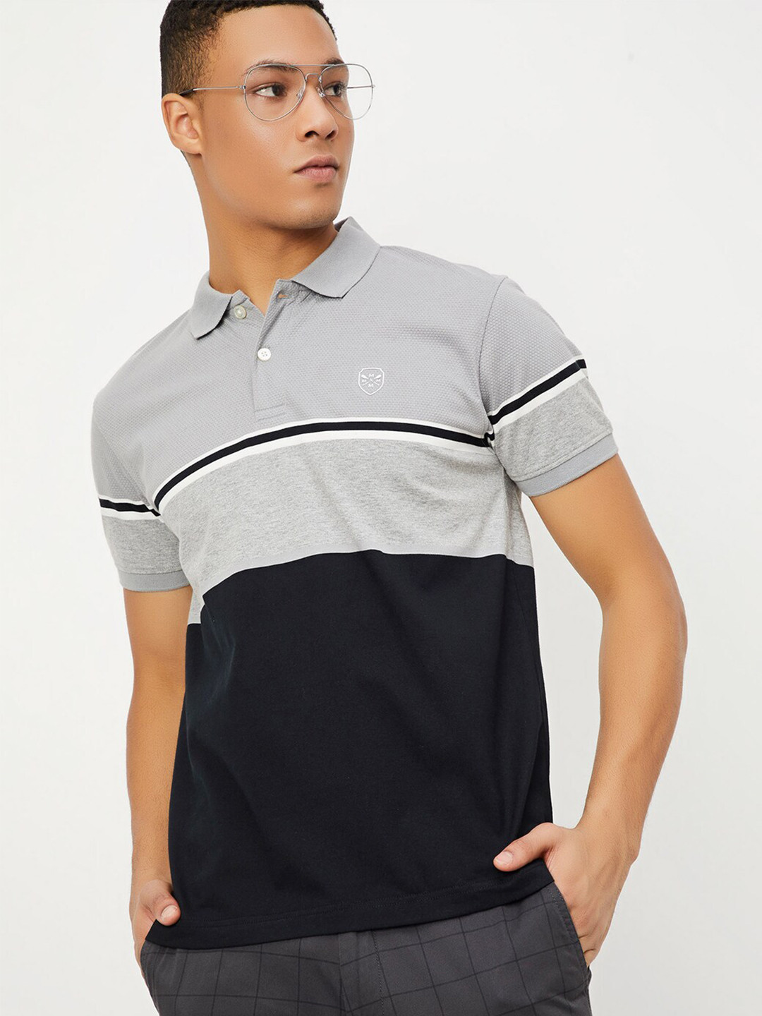 

max Colourblocked Polo Collar Pure Cotton T-shirt, Black