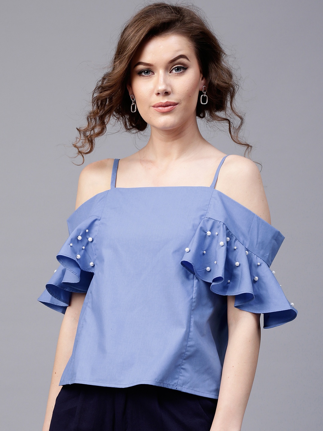 

SASSAFRAS Women Blue Solid Bardot Top