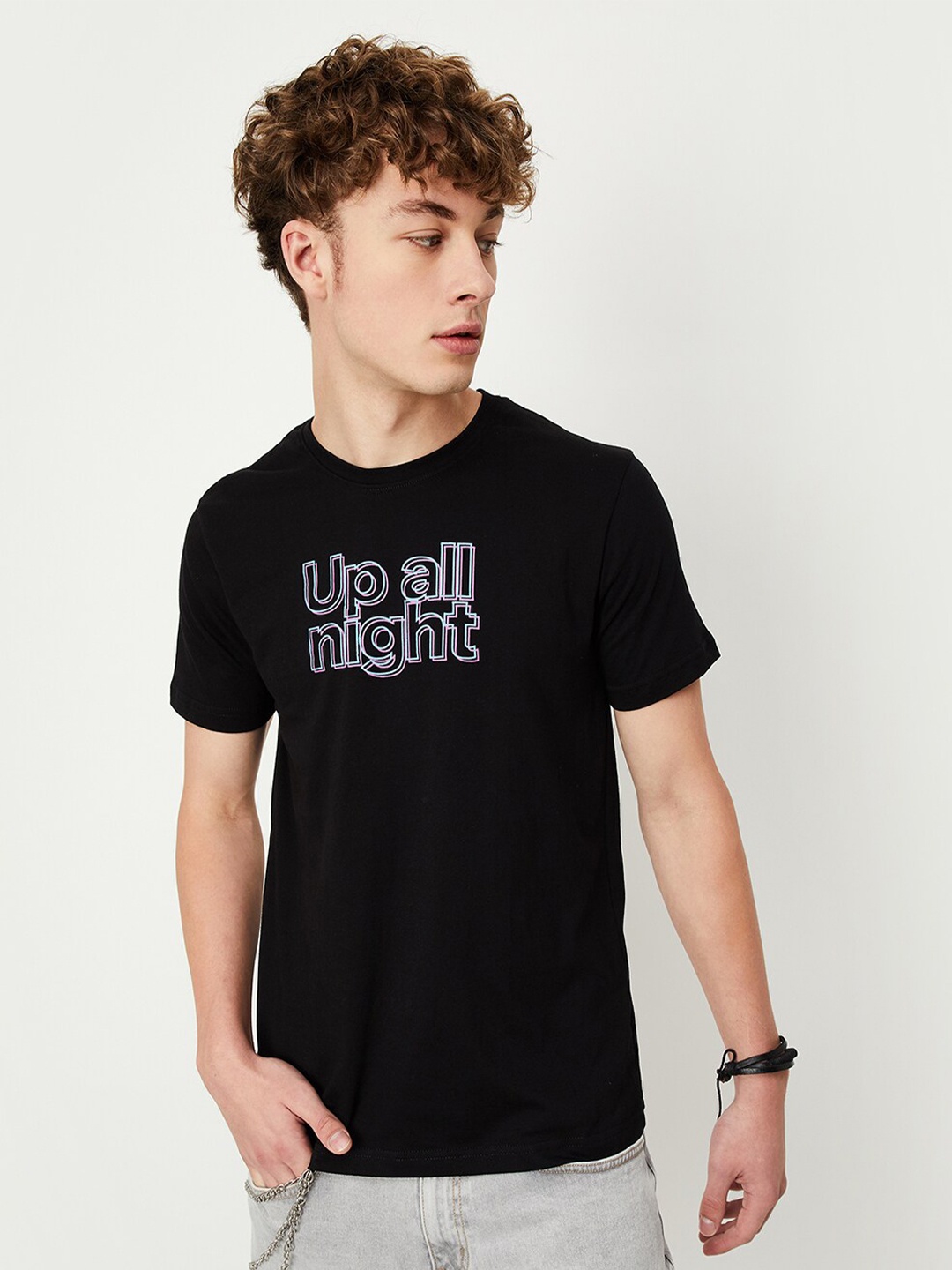

max Typography Printed Monochrome Pure Cotton Casual T-shirt, Black