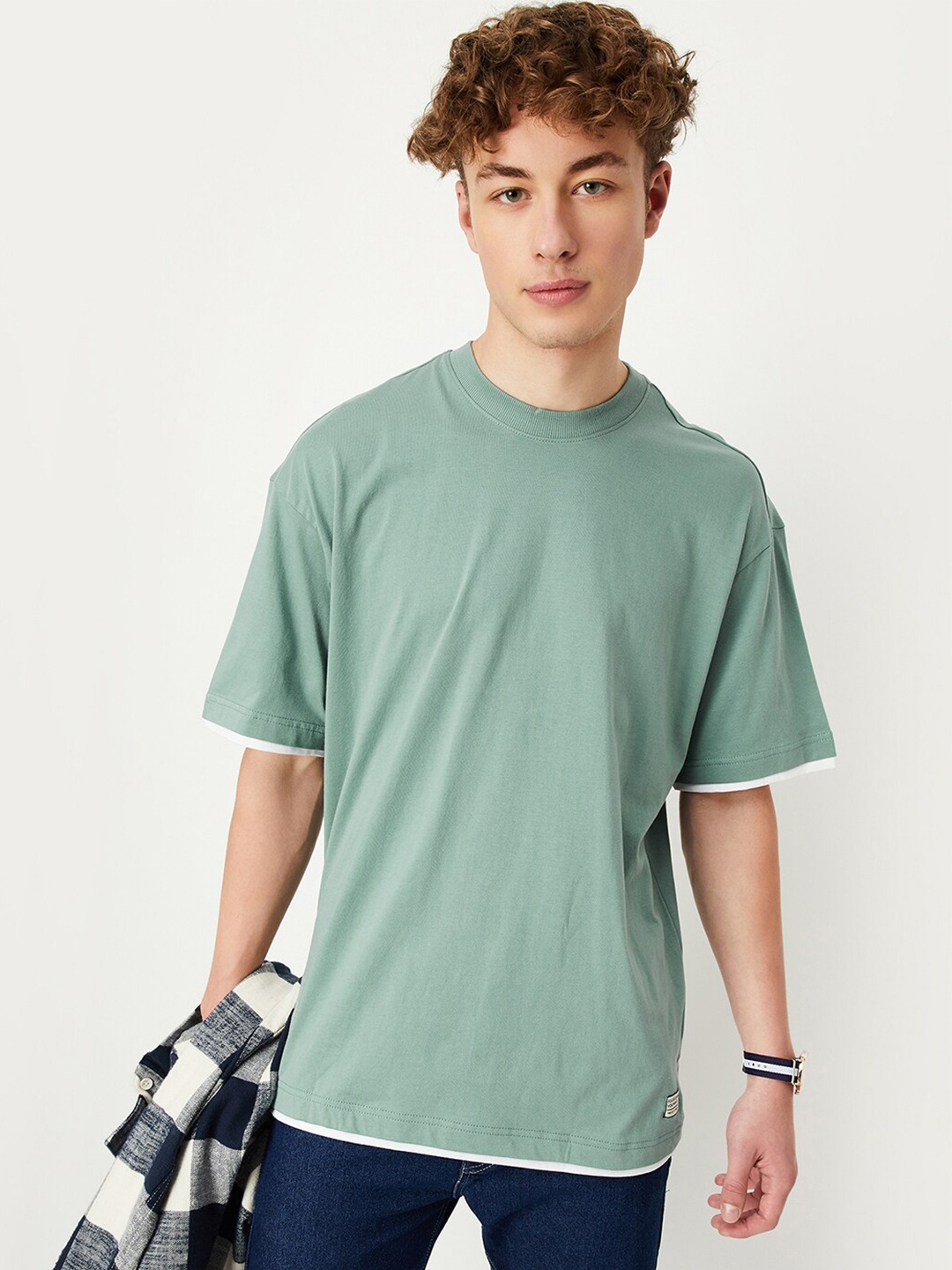 

max Drop Shoulder Oversized Pure Cotton T-shirt, Green