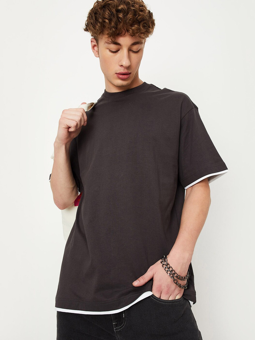 

max Drop Shoulder Oversized Pure Cotton T-shirt, Grey