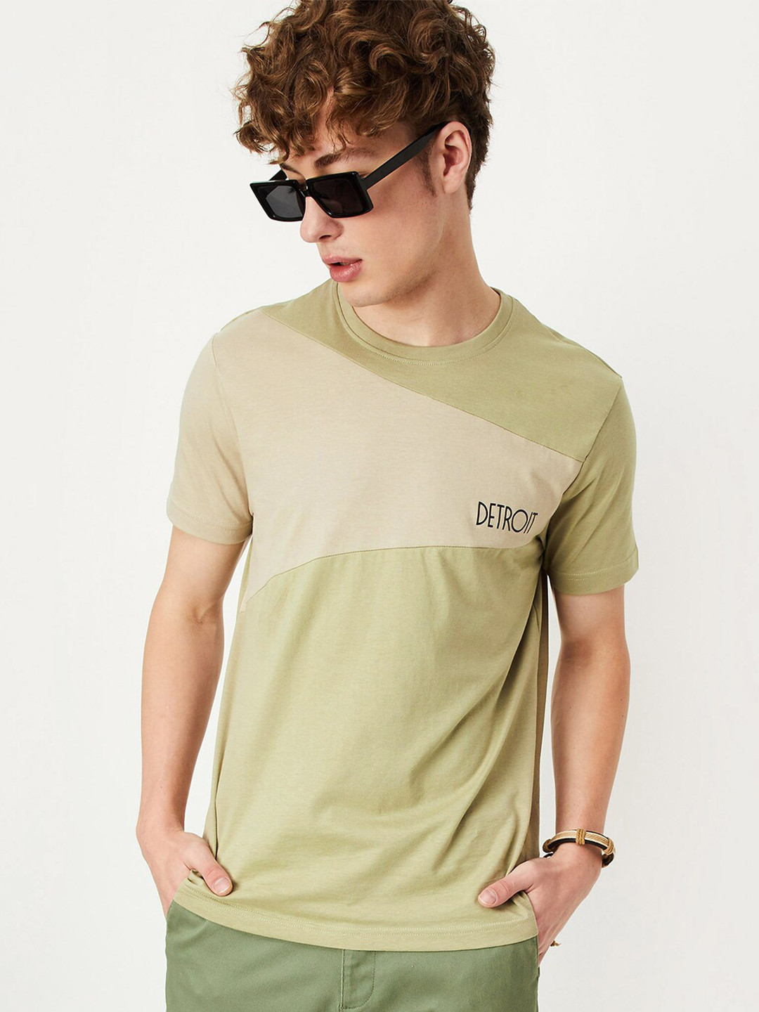 

max Colourblocked Short Sleeves Pure Cotton T-shirt, Green