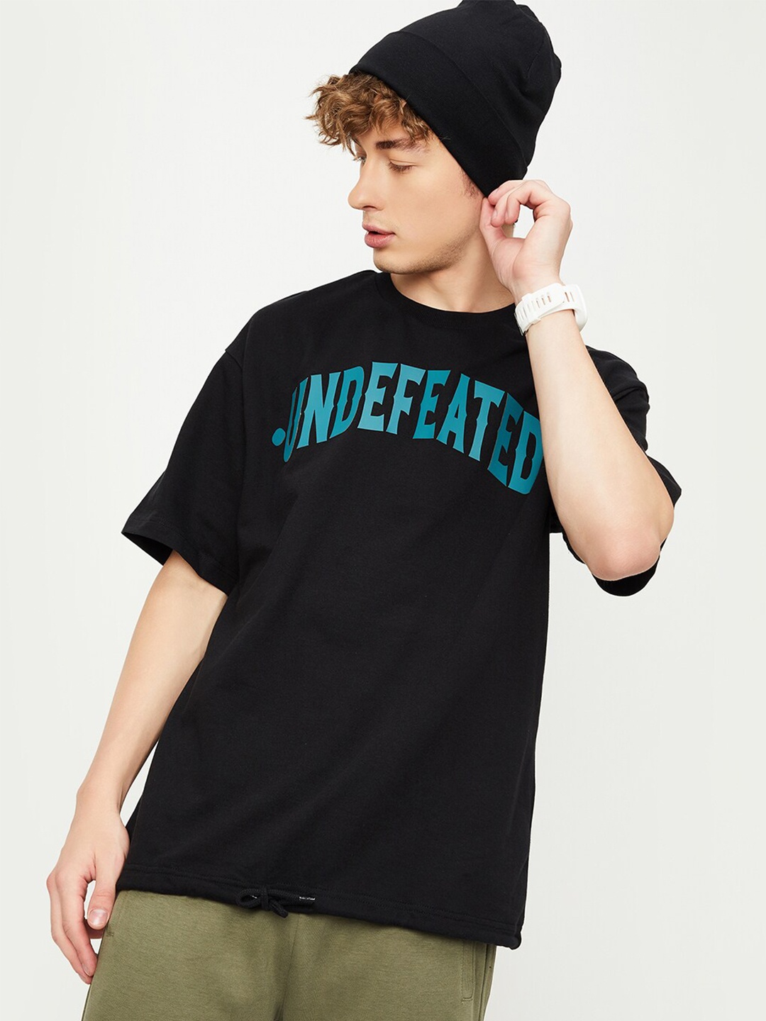 max Typography Printed Pure Cotton Oversized T-shirt, Black
