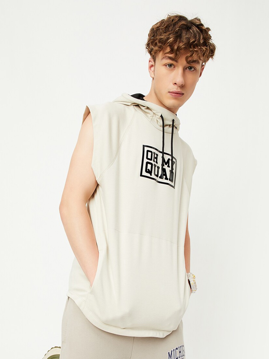 

max Typography Printed Hooded Cotton Pullover Sweatshirt, Off white