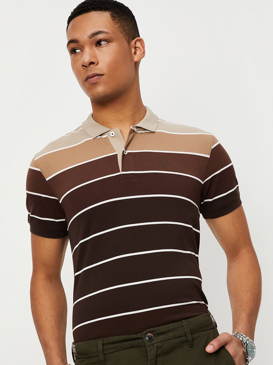 

max Striped Polo Collar Cotton T-shirt, Beige