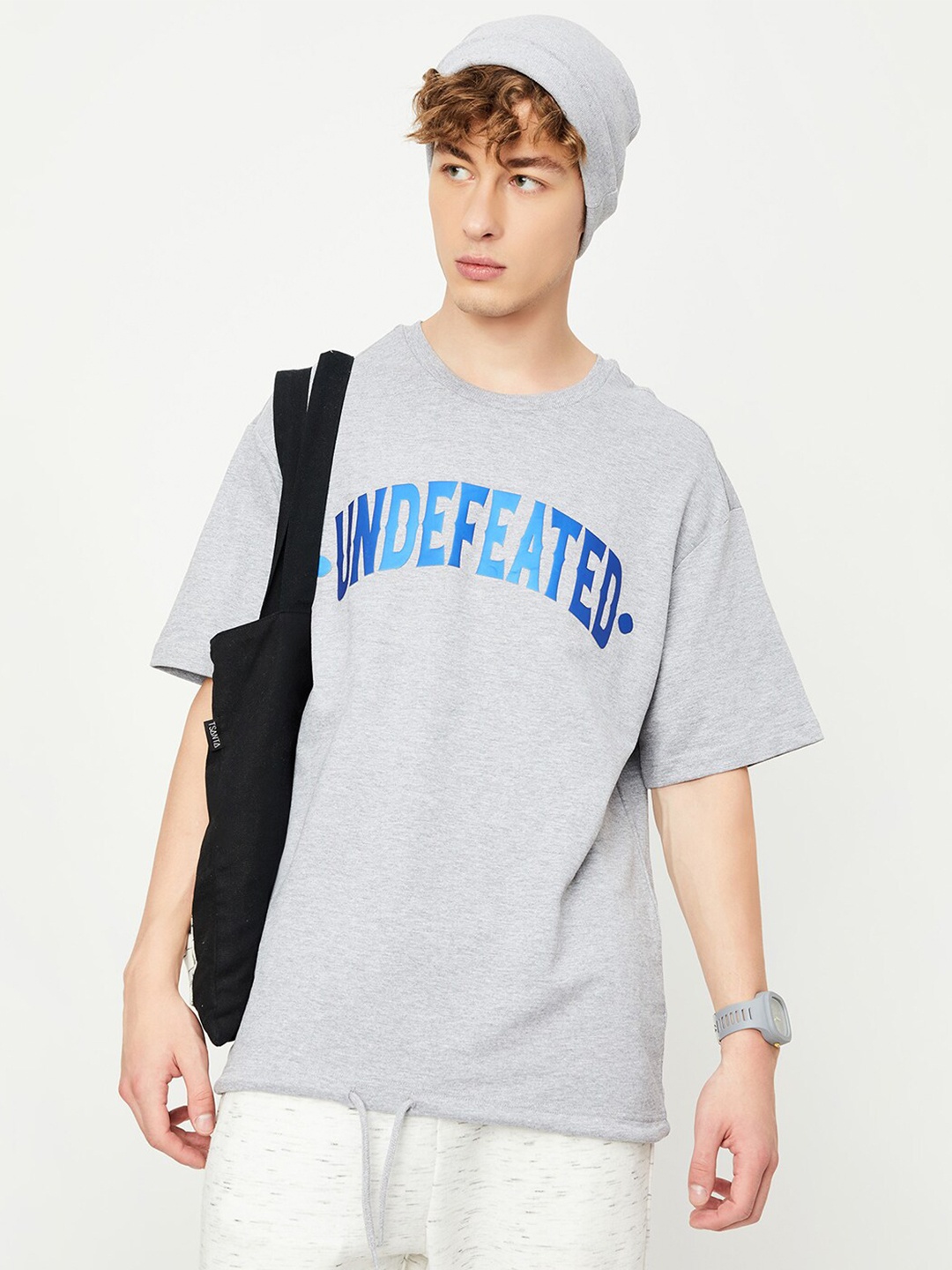 

max Typography Printed Cotton T-shirt, Grey