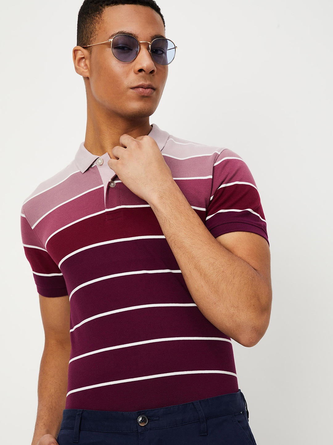 

max Striped Polo Collar T-shirt, Purple