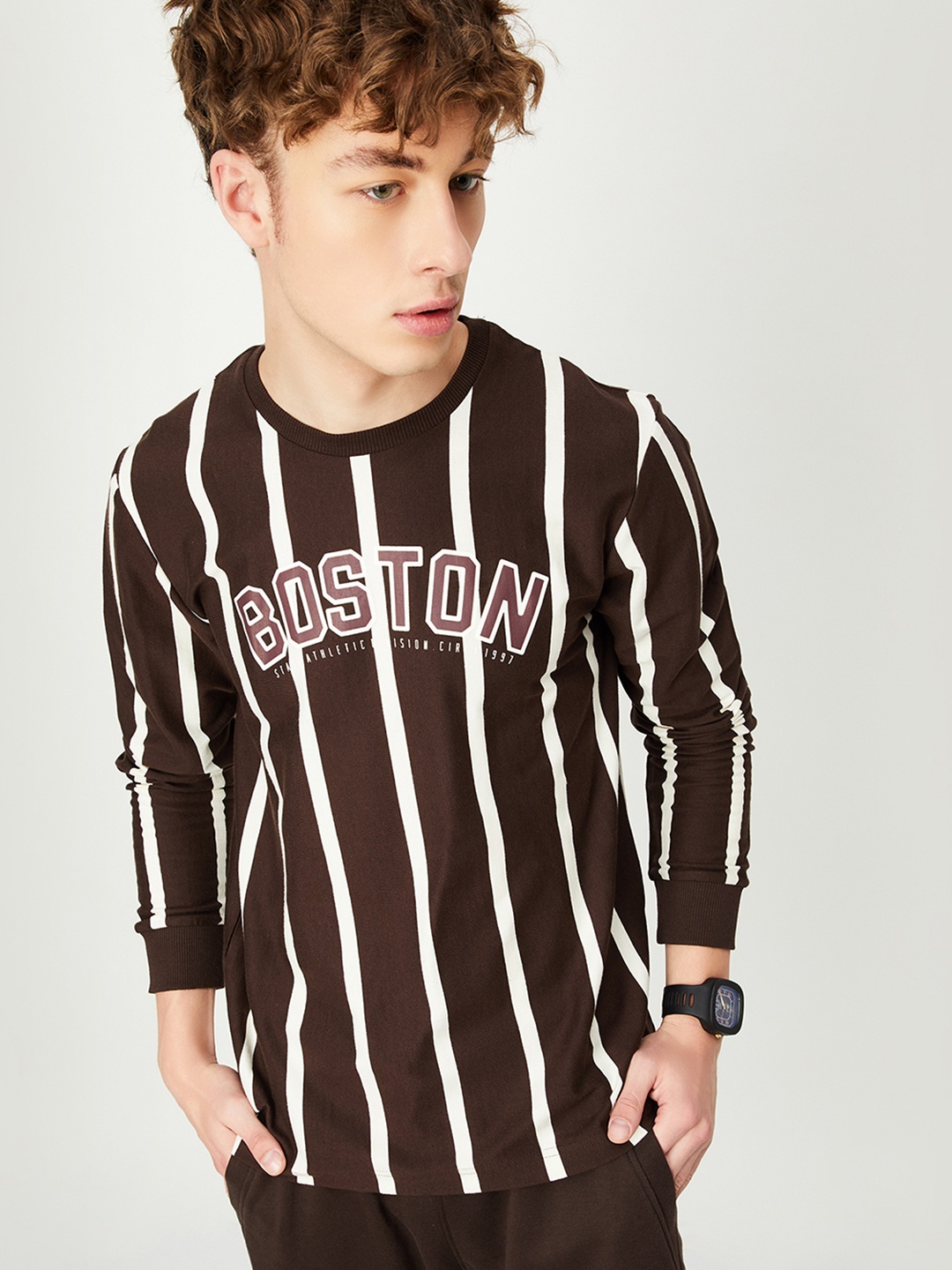 

max Vertical Striped Cotton T-Shirt, Brown