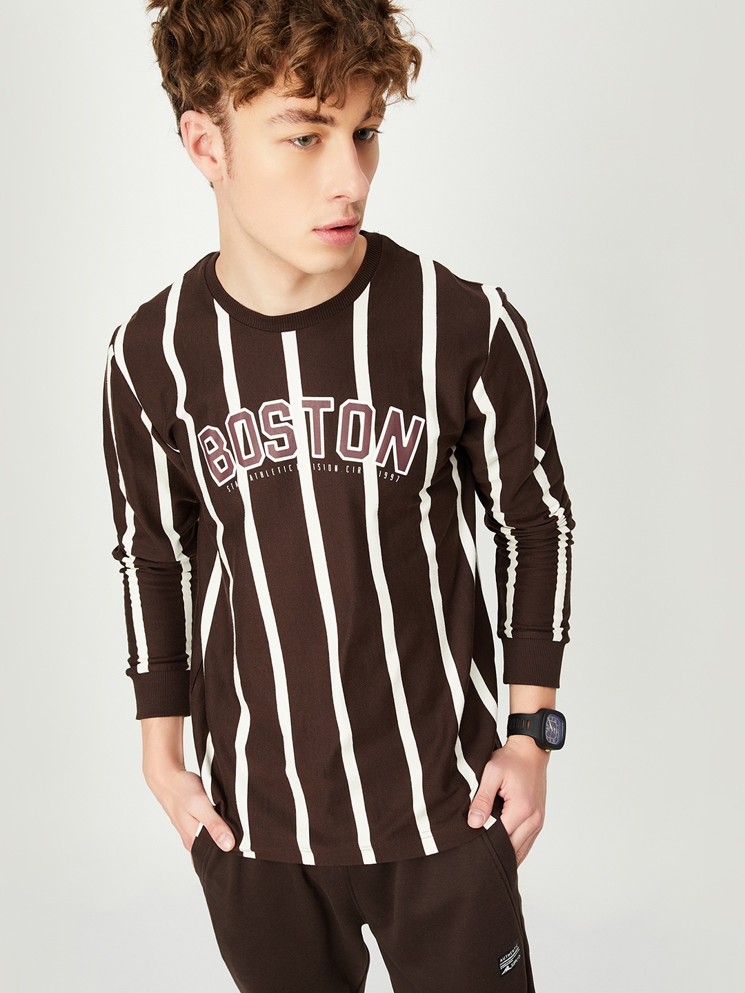 

max Striped Round Neck Pure Cotton T-shirt, Brown