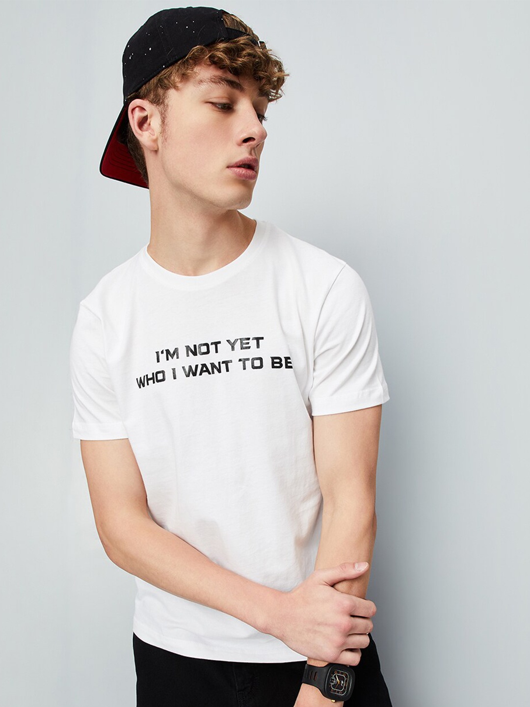 max Typography Printed Cotton T-shirt, White