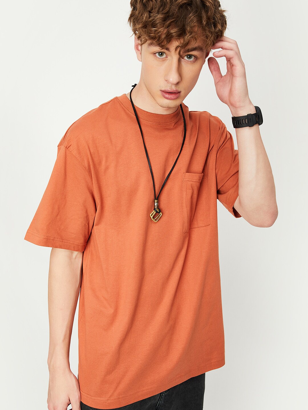 

max Drop Shoulder Sleeves Oversized Pure Cotton T-shirt, Orange