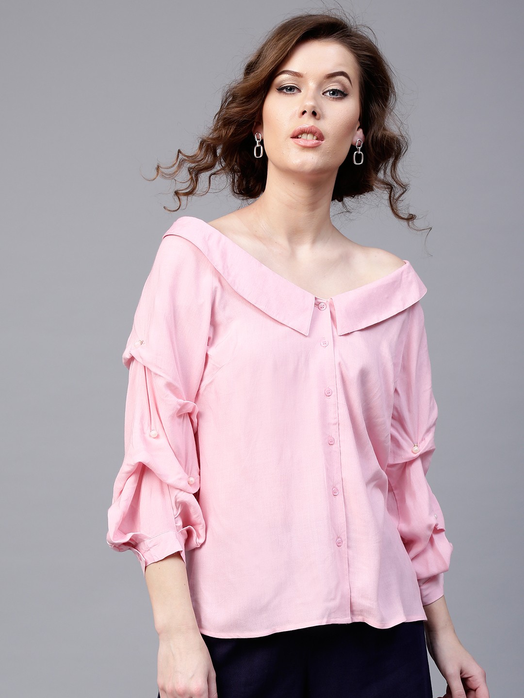 

SASSAFRAS Women Pink Solid Shirt Style Top