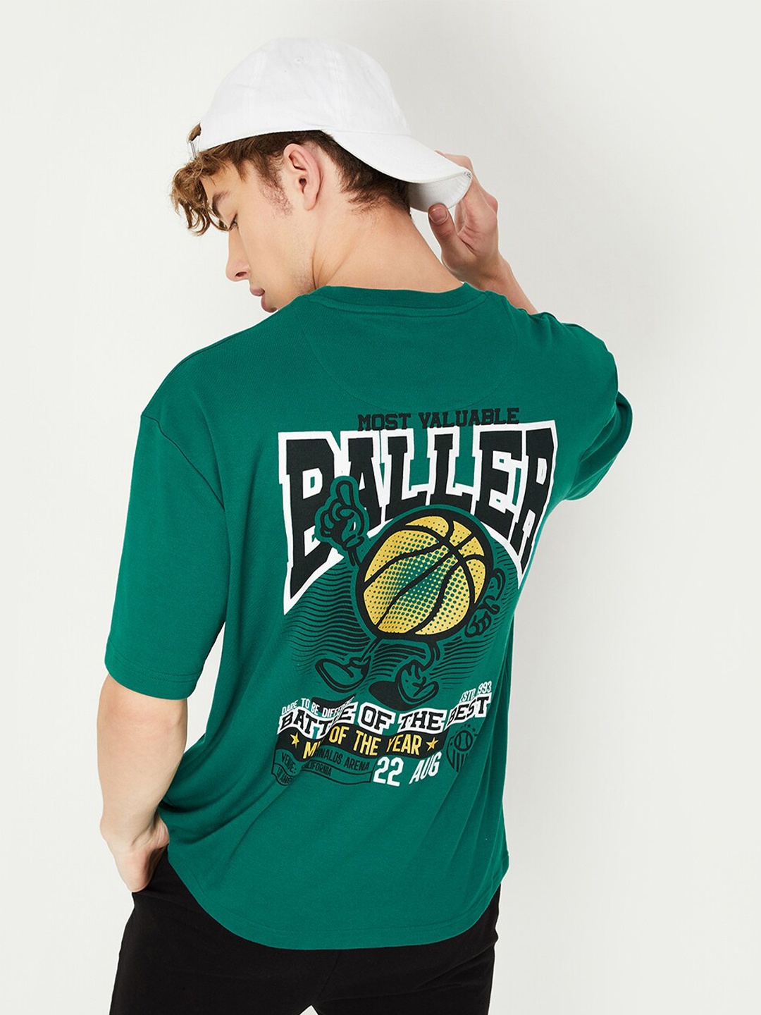 

max Typography Printed Oversized T-shirt, Green