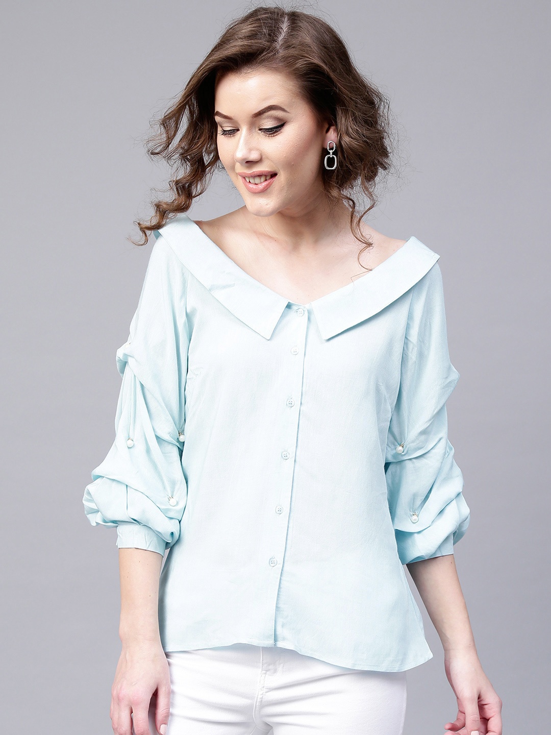 

SASSAFRAS Women Blue Solid Shirt Style Top