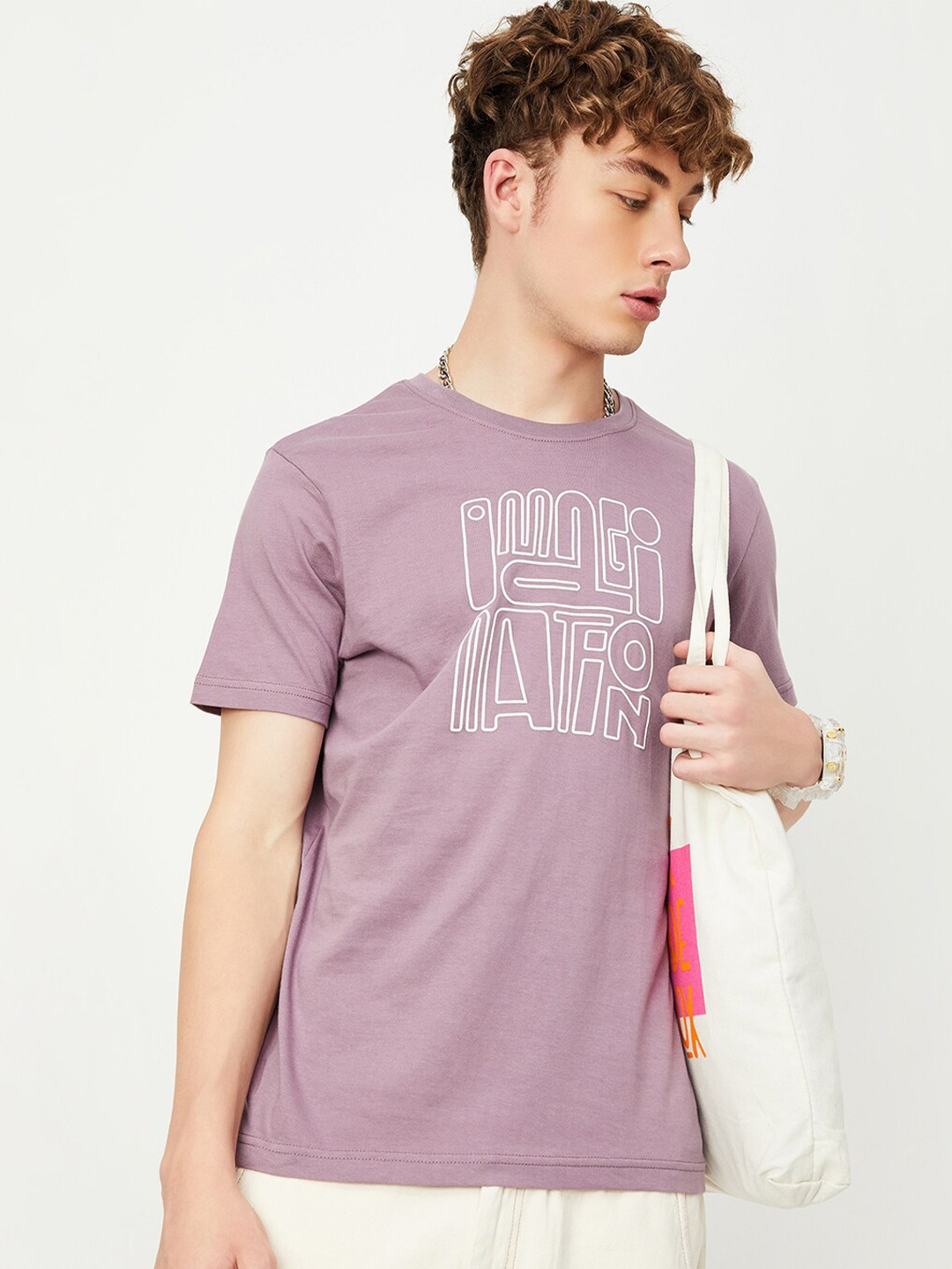 max Typography Printed Pure Cotton T-shirt, Purple