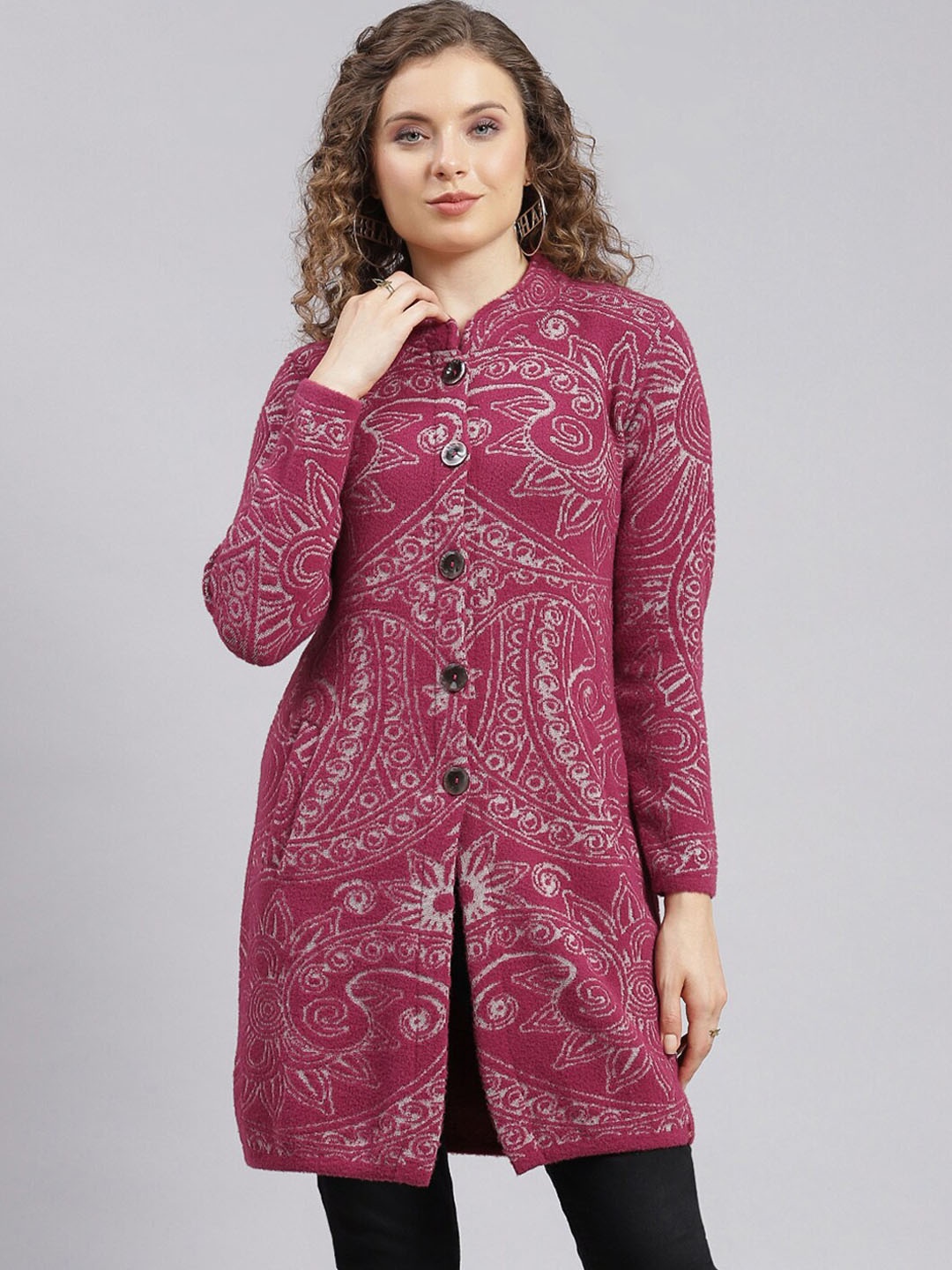 

Monte Carlo Self-Design Mandarin Collar Single-Breasted Longline Pea Coat, Maroon