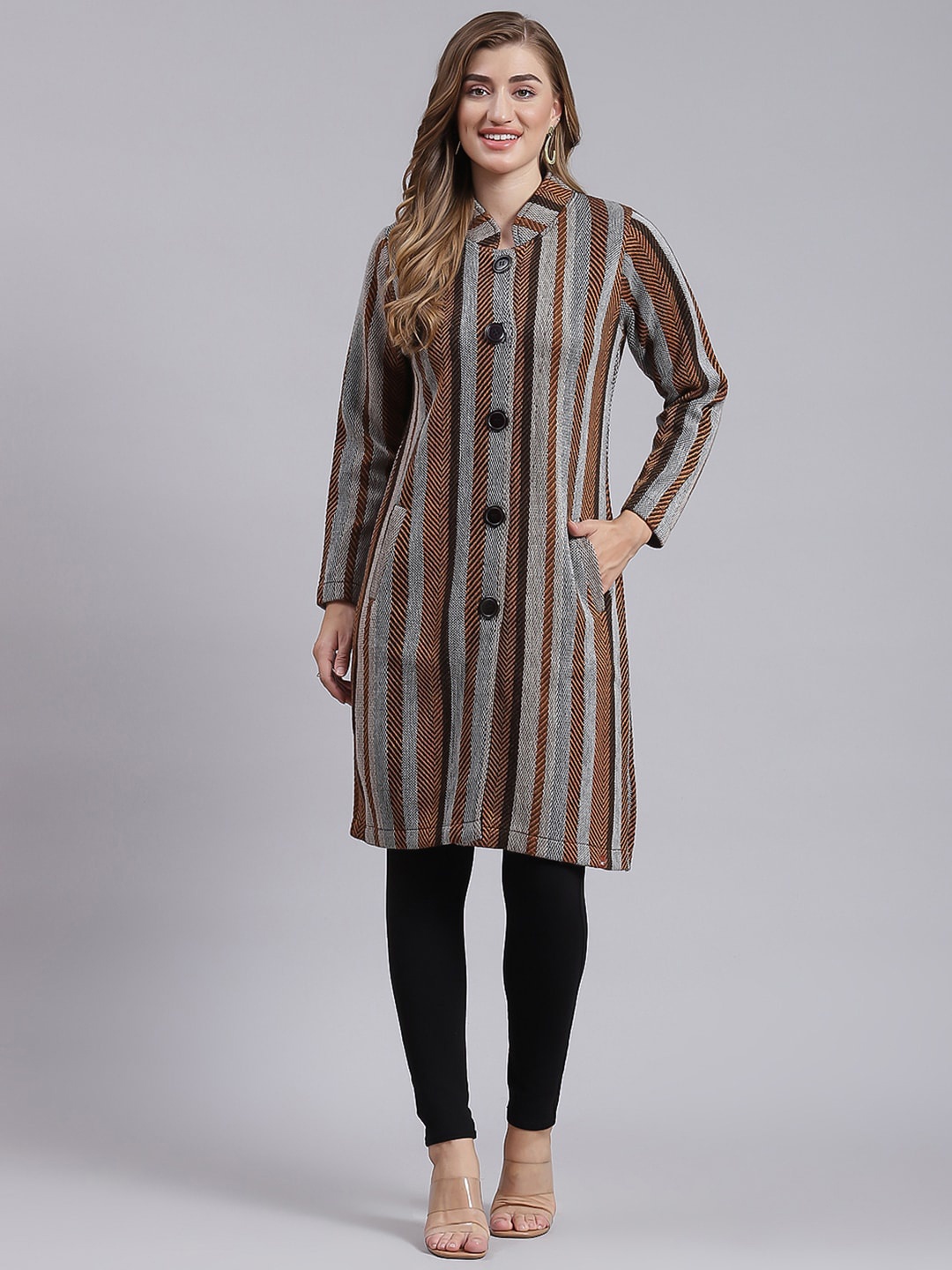

Monte Carlo Women Striped Longline Overcoat, Multi