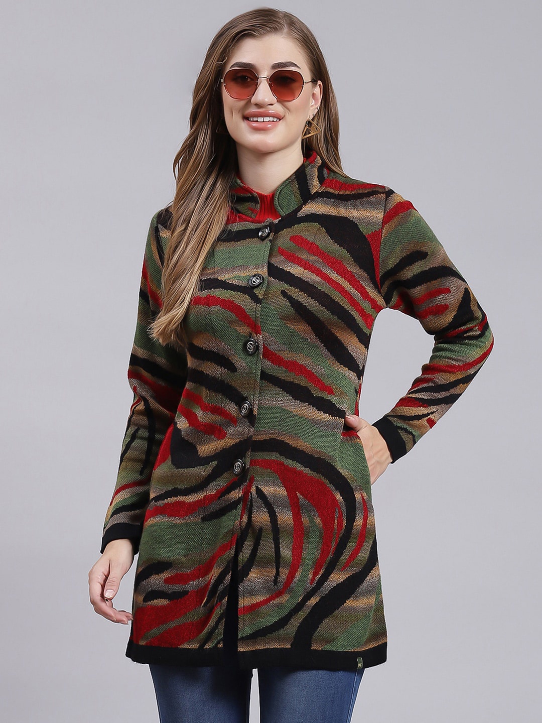 

Monte Carlo Self Design Single-Breasted Wool Longline Overcoat, Green