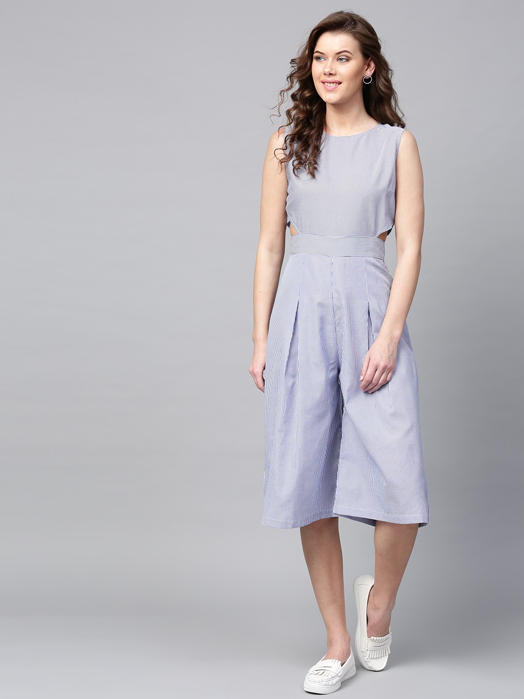 

SASSAFRAS Blue & White Striped Culotte Jumpsuit