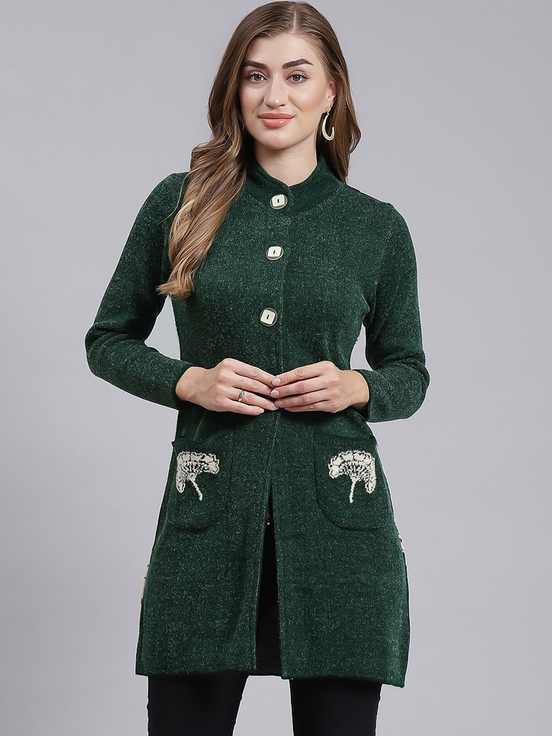 

Monte Carlo Floral Self Design Wool Longline Cardigan, Green