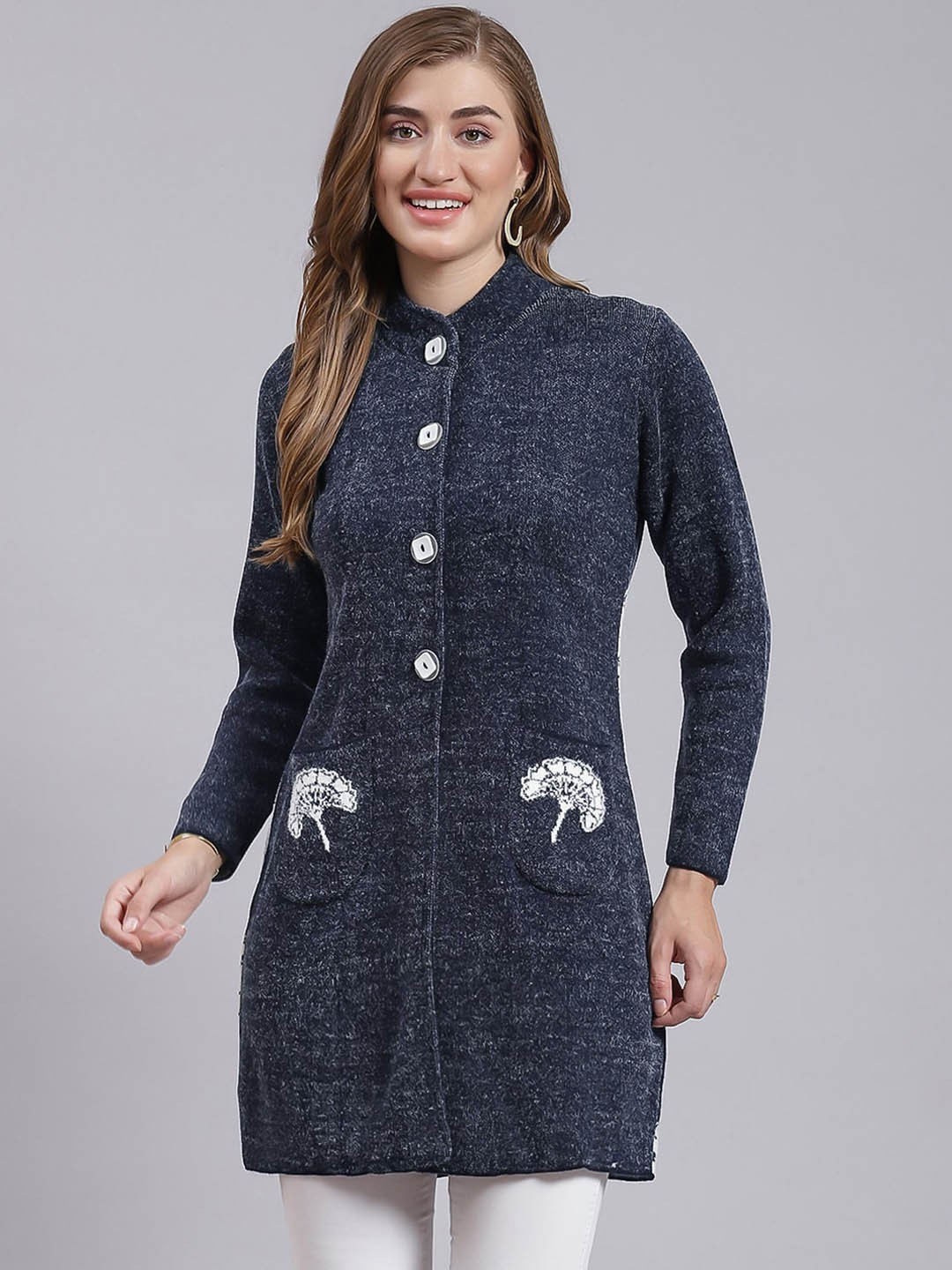 

Monte Carlo Woollen Longline Cardigan With Embroidered Detail, Navy blue