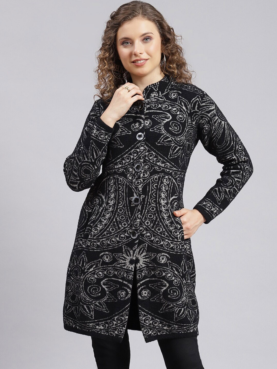 

Monte Carlo Ethnic Motifs Printed Long Sleeve Longline Overcoat, Black